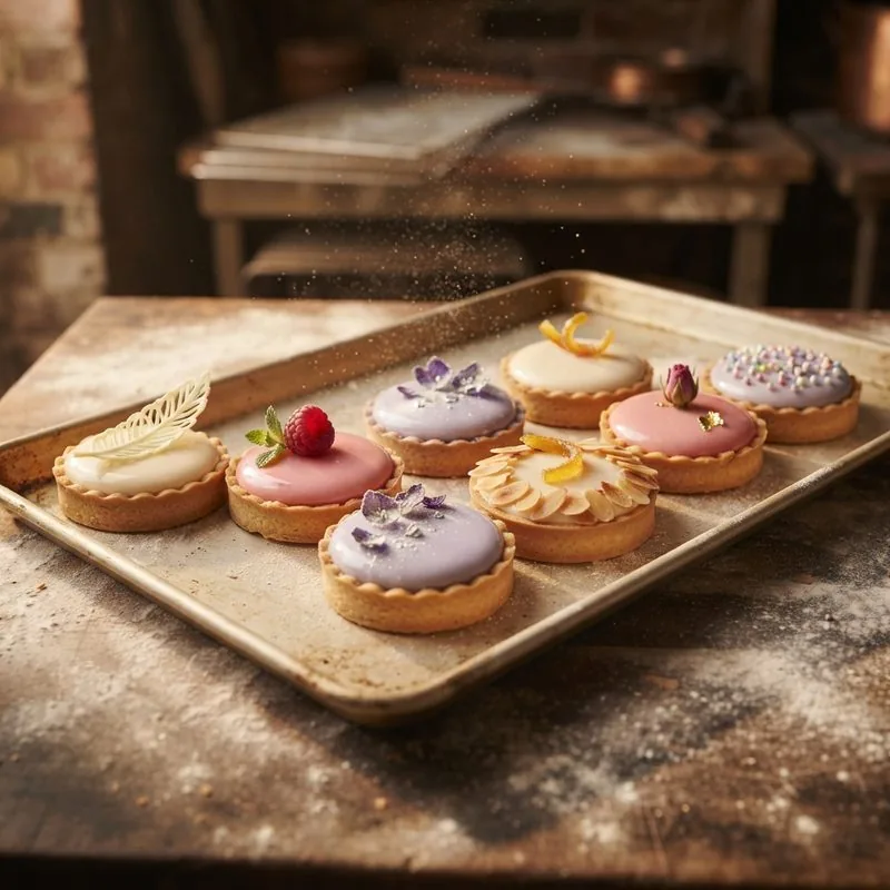 Sechs kleine Törtchen mit glatten Glasuren in Creme, Rosa und Violett auf einem hellen Blech