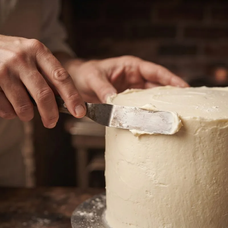 Zwei Hände ziehen mit einer Winkelpalette die Buttercreme an einer Torte glatt