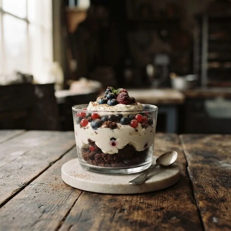 Dessert im Glas mit Schichten aus heller Creme, dunklen Krümeln und Beeren
