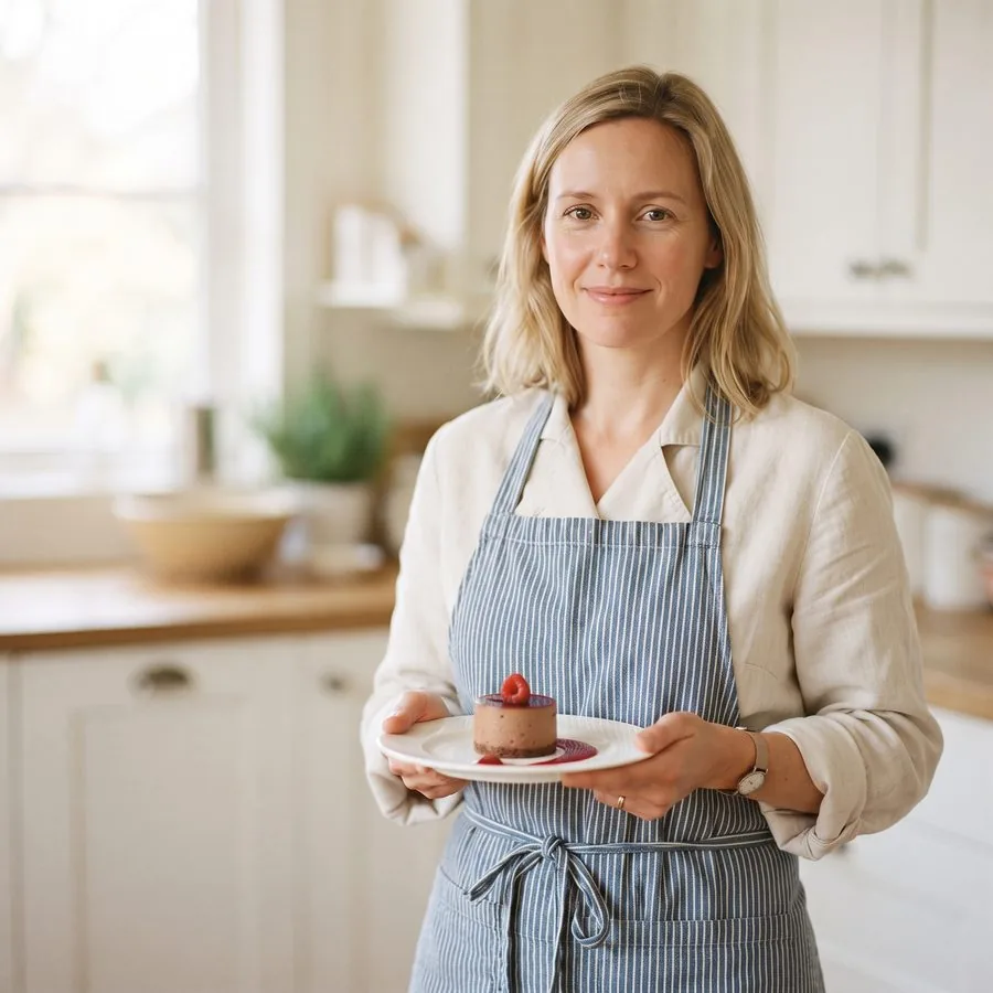 Helena Wieck, Konditormeisterin, in heller Kochjacke mit einem Dessert auf einer kleinen Tortenplatte