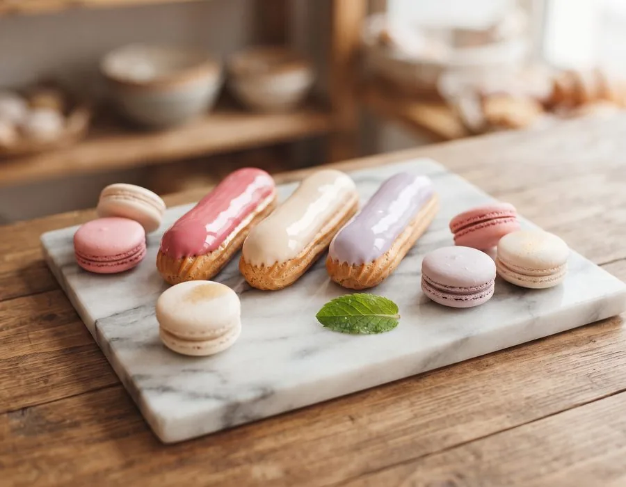Drei glasierte Eclairs und mehrere Macarons in Rosa, Creme und Violett auf Marmor