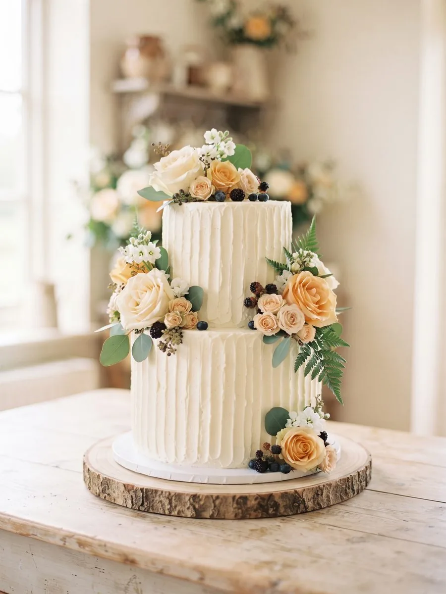 Zweistöckige Hochzeitstorte mit gerillter weißer Buttercreme und hellen Rosen