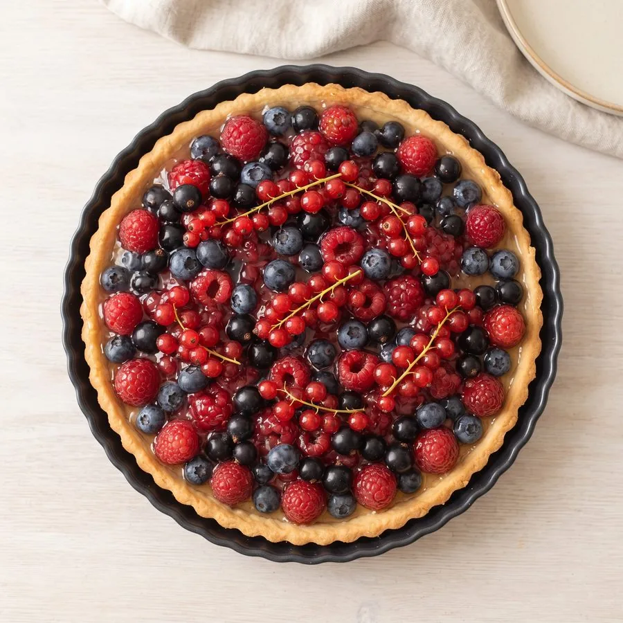 Offene Beerentarte mit Himbeeren, Heidelbeeren und Johannisbeeren von oben