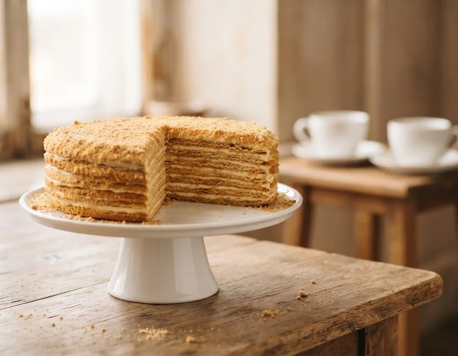 Runde Honigtorte mit vielen dünnen Böden auf einem weißen Tortenteller