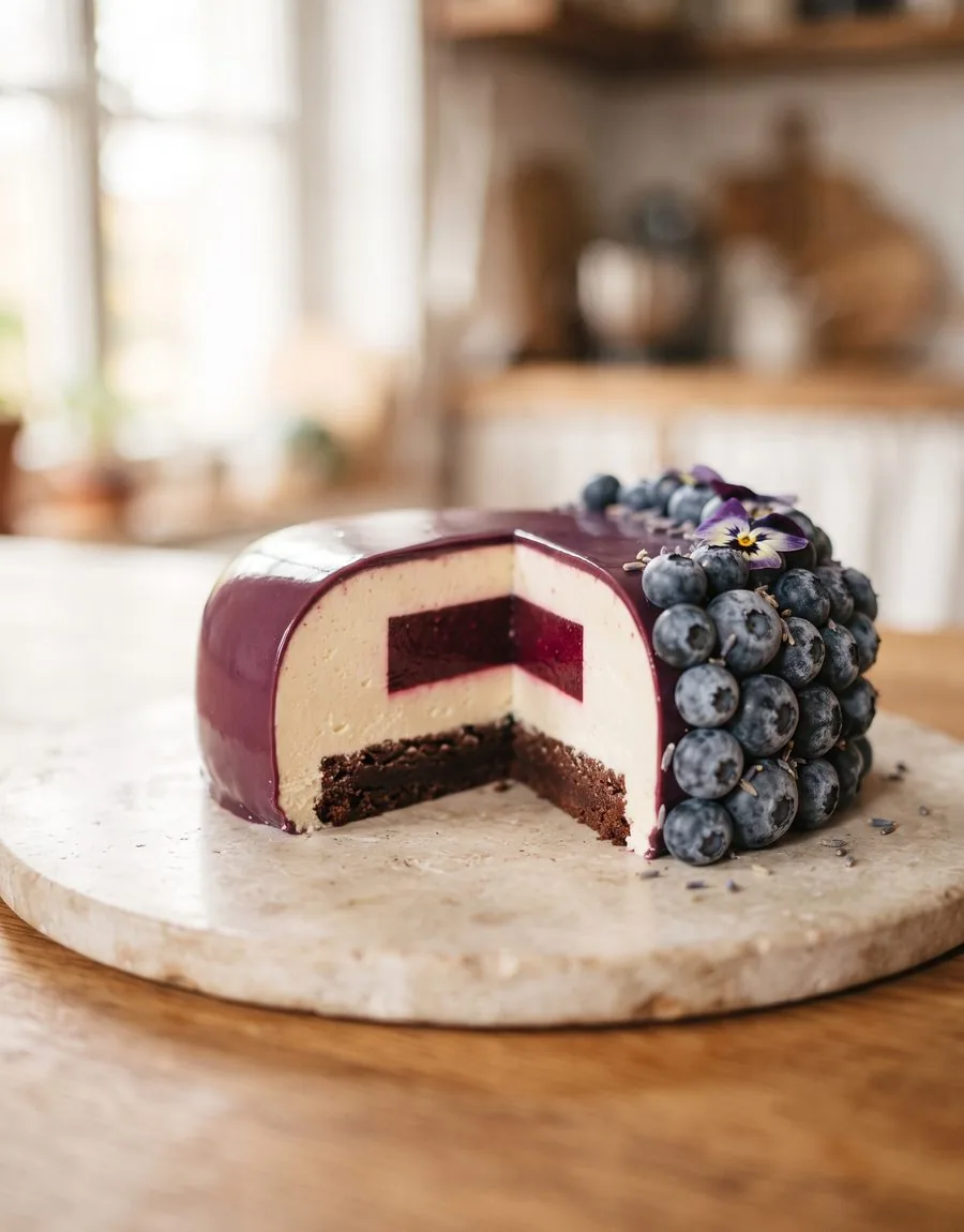 Angeschnittene Mousse-Torte mit spiegelglatter violetter Glasur und drei sichtbaren Schichten