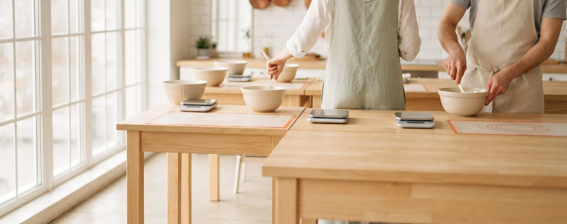 Helle Kursküche mit vier Arbeitsplätzen aus hellem Holz, zwei Personen arbeiten daran